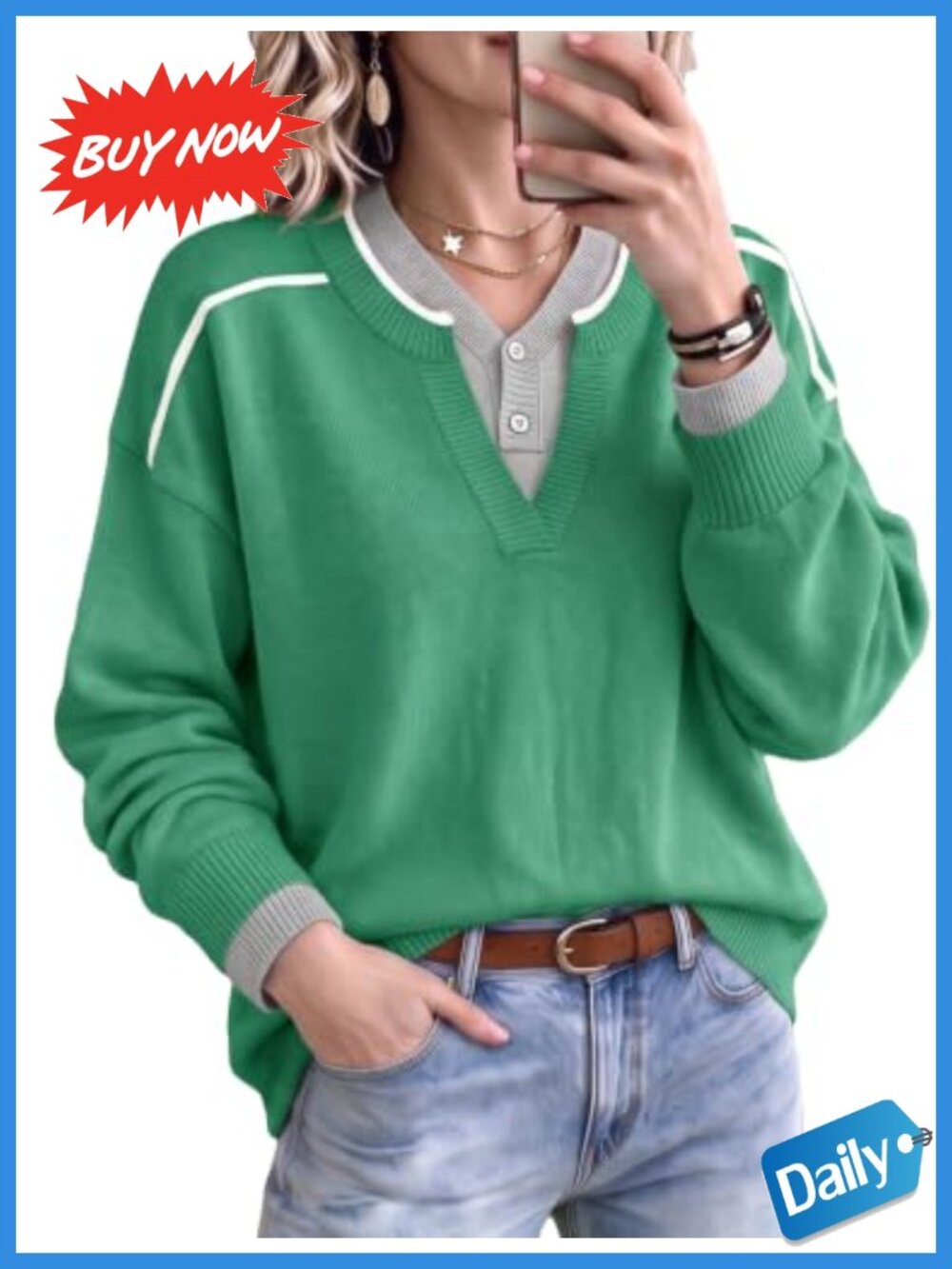 Womens Henley Neck Layered Look Pullover Sweater Long Sleeve Knit Top